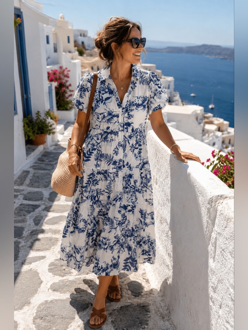 CeCe A La Plage Blue & White Toile Print Tiered Midi Dress NWT Size Small